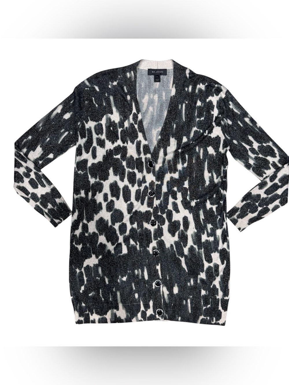 St. John animal print metallic button v neck cardigan sweater size L